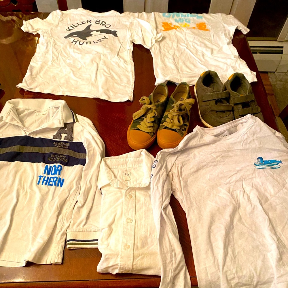 Bundle of t-shirts and 2 sneakers boys size 8-10 good condition
